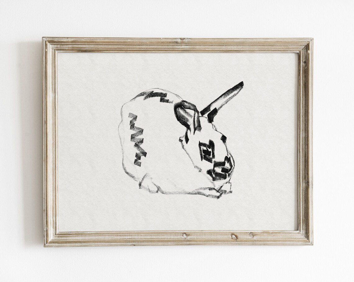 Resting Rabbit in Bold Black Brushstrokes Minimalist Ink Drawing Print