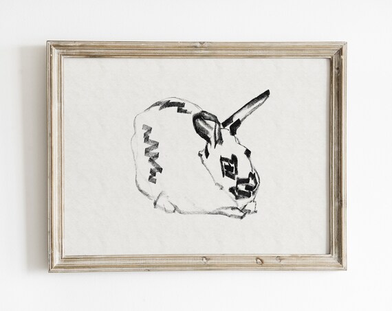 Resting Rabbit in Bold Black Brushstrokes Minimalist Ink Drawing Print