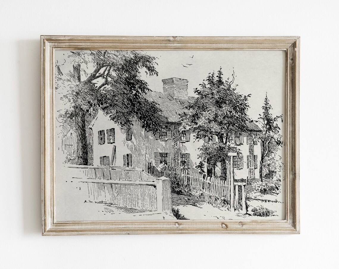 Vintage Ink Cottage Architecture Etching, Line Art