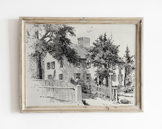 Vintage Ink Cottage Architecture Etching, Line Art