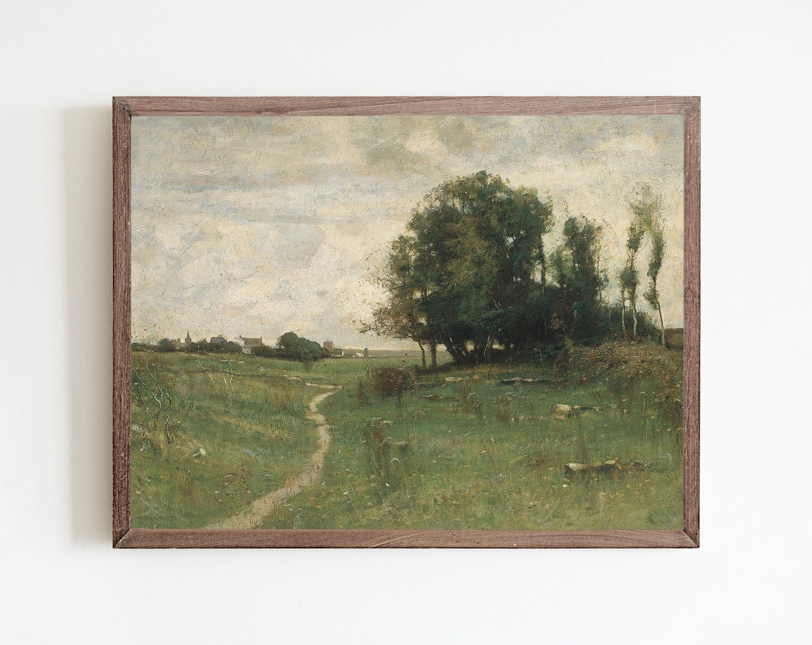 Vintage Green Landscape Painting Farm Landscape Print Oil Painting Vintage French Country Wall Decor Country Wall Art