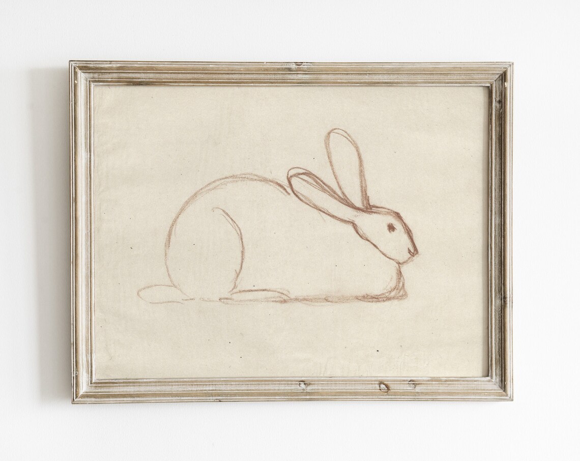Vintage Rabbit One-Line Drawing Art Print, Minimalist