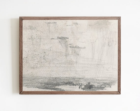 Minimalist Landscape Sketch Art Print, Vintage Farmhouse