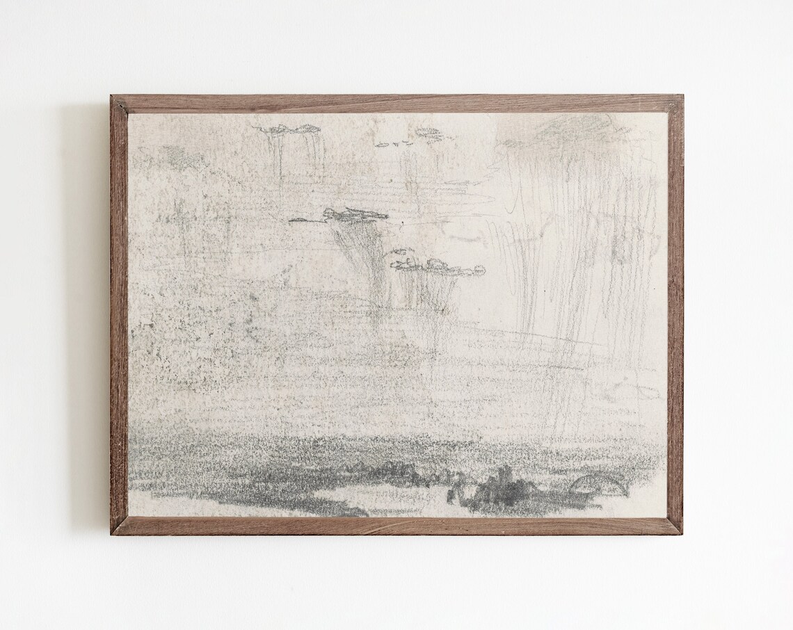 Minimalist Landscape Sketch Art Print, Vintage Farmhouse
