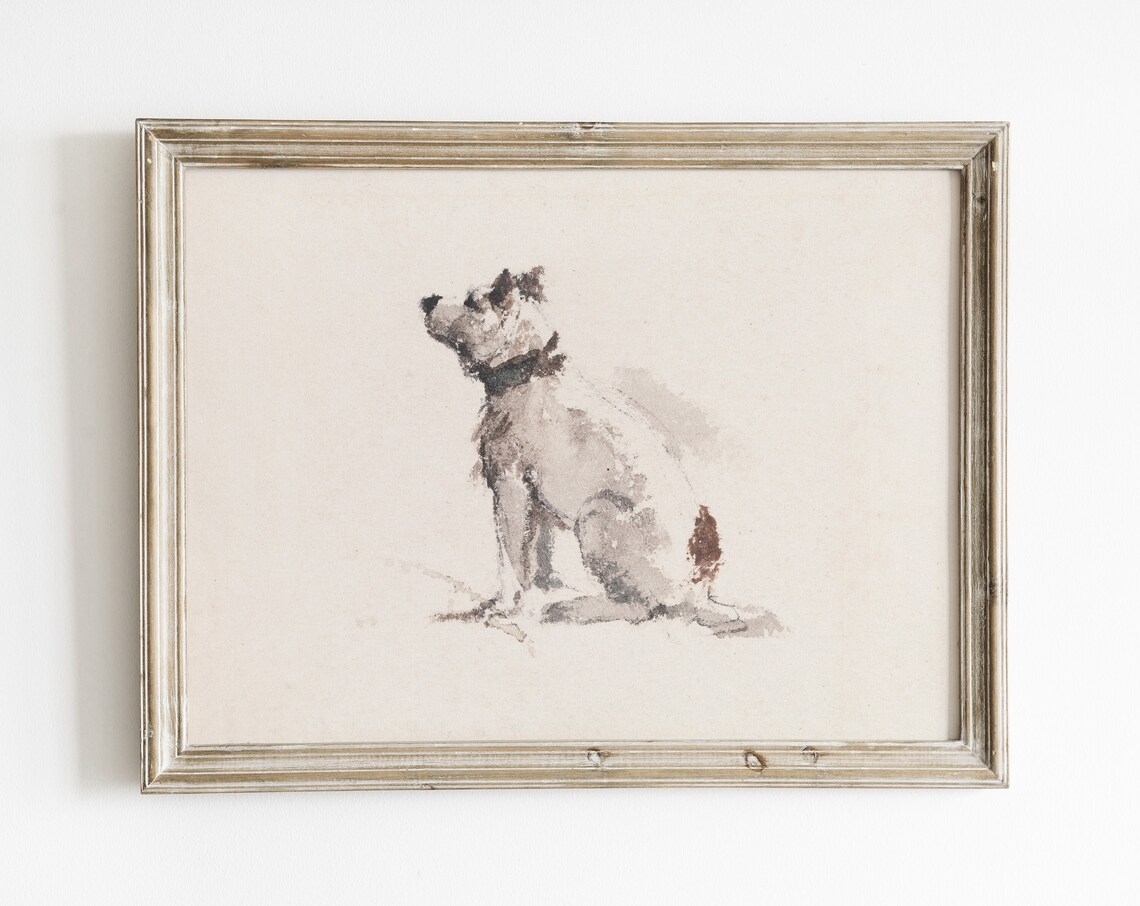 Terrier Sketch Art Print, Minimalist Vintage Neutral