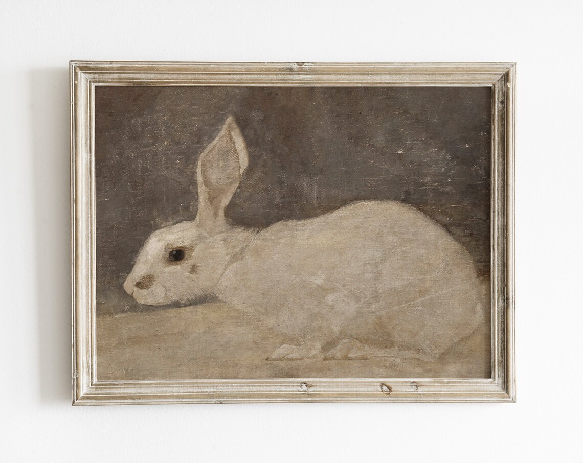 Cream Rabbit Resting Muted Vintage Bunny Oil Painting Art Poster