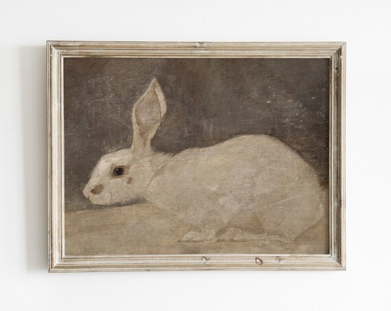 Cream Rabbit Resting Muted Vintage Bunny Oil Painting Art Poster