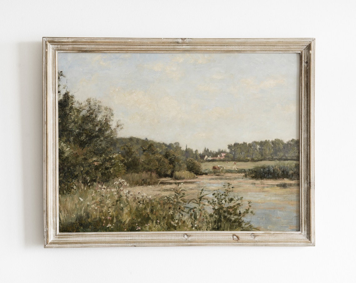 Vintage Painting Meadow Painting Landscape Painting Landscape Print Landscape Art Vintage Oil Painting French Country Wall Decor