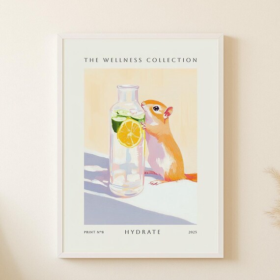 Hydration Wall Art Kitchen Funny Animal Poster Fruit Infused Water Art Wellness Home Decor