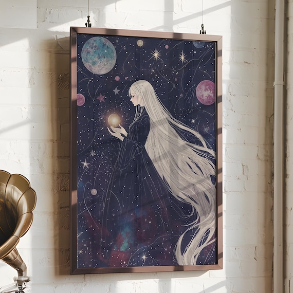 Anime Moon Keeper Woman White Hair Glowing Orb Starry Sky Poster