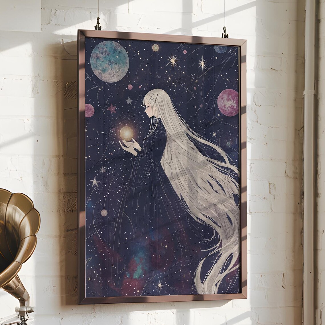 Anime Moon Keeper Woman White Hair Glowing Orb Starry Sky Poster