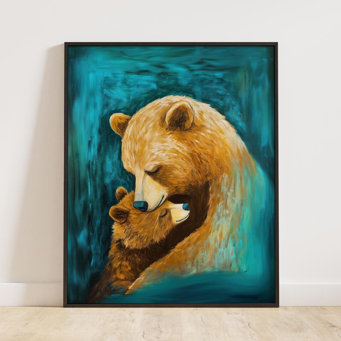 Tender Mama Bear Embracing Her Cub on Deep Teal Background Poster - Image 4
