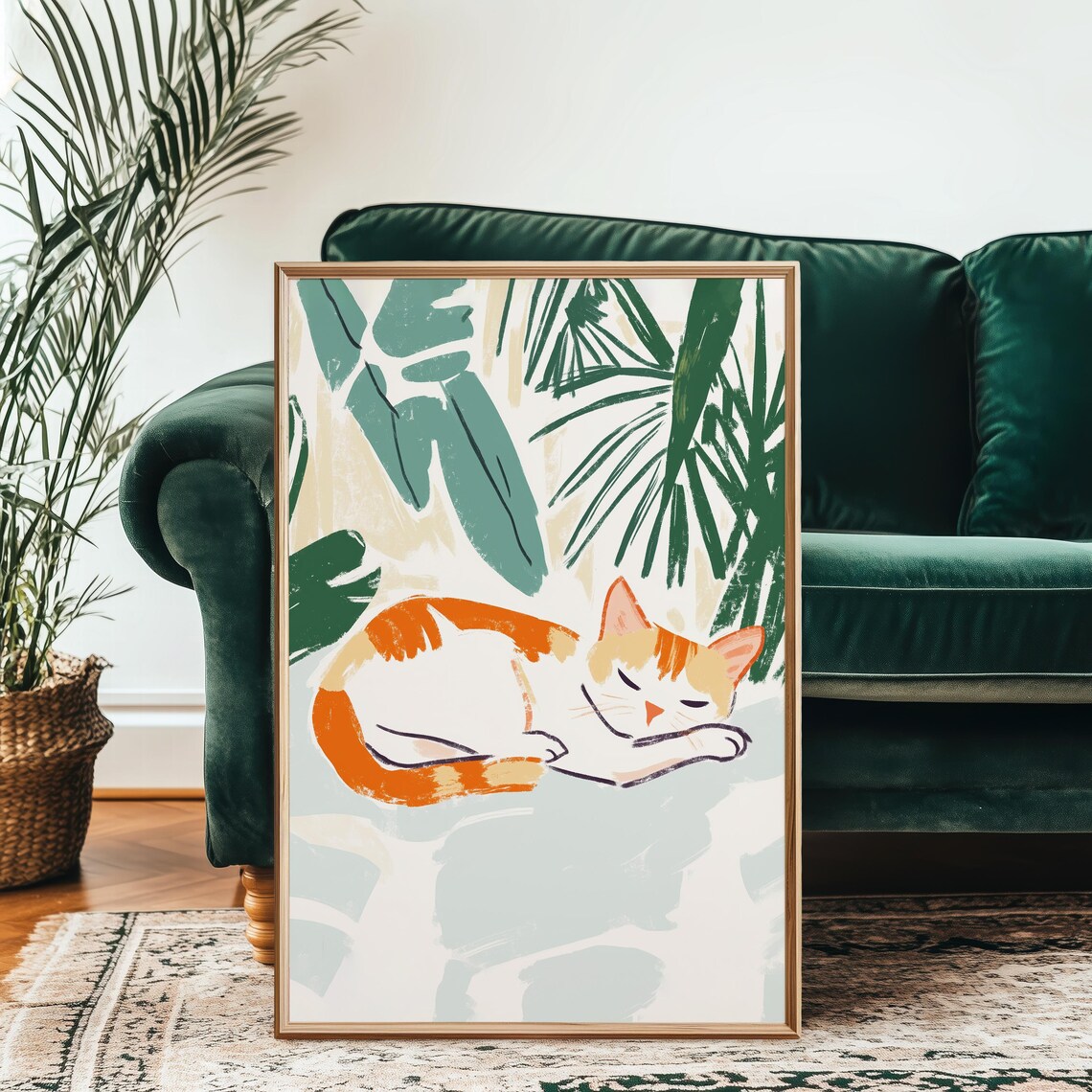 Sleeping Orange Tabby Cat Among Tropical Leaves Cozy Nap Art Poster - Image 2