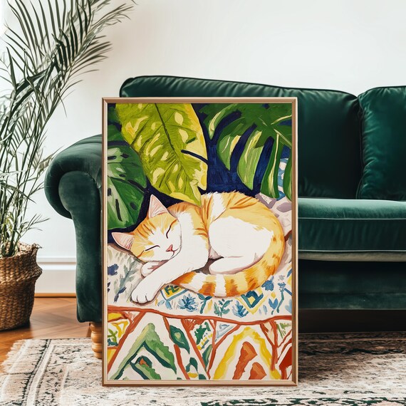 Sleeping Orange Tabby Cat On Colorful Patterned Blanket Art Poster