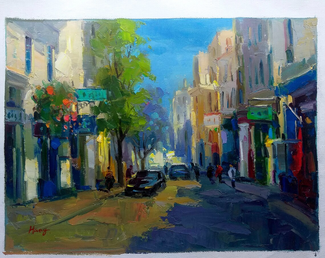 Sunny Tree Lined City Street Avenue Shops Cars Bright Urban Poster
