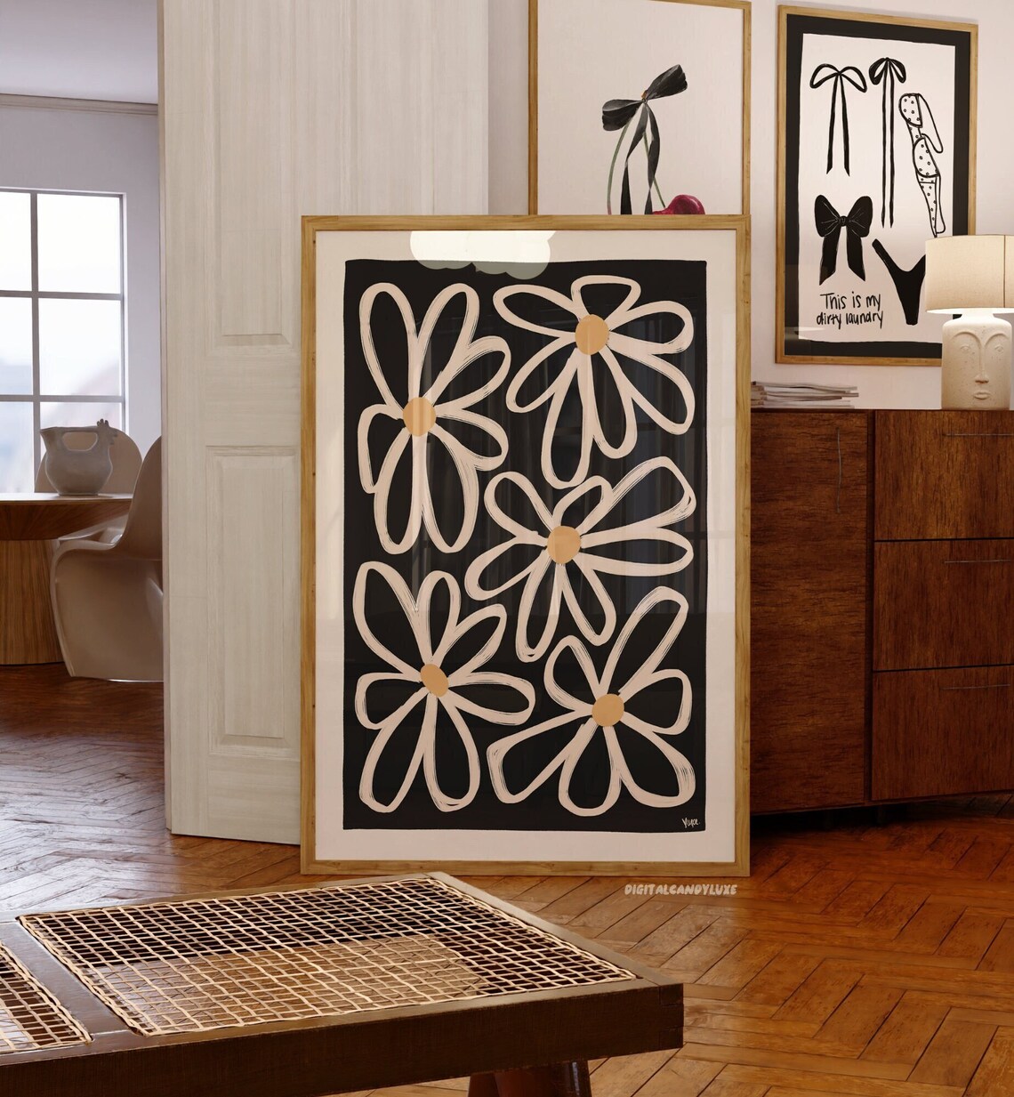 Boho Flower Wall Art Print, Black and White