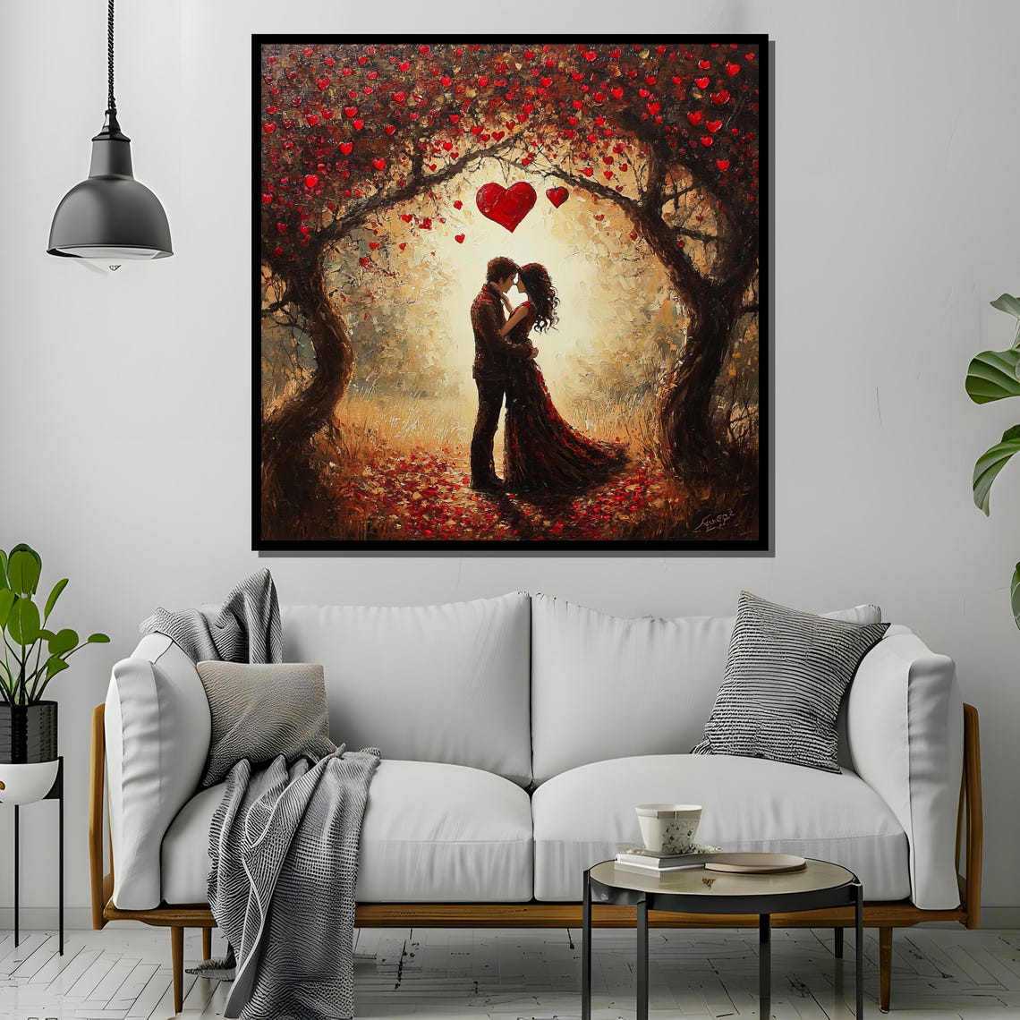 Romantic Couple Under Heart Trees, Oil Painting - Image 2