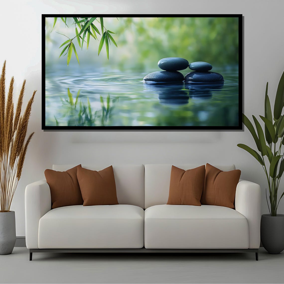 Zen Stones, Peaceful Bamboo Pond Art Print - Image 2
