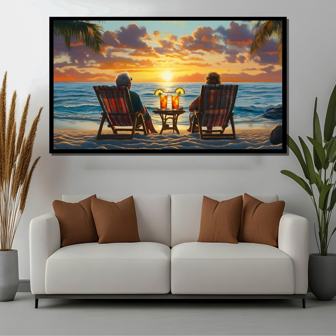 Elderly Couple Watching Sunset On Beach, Coastal Art - Image 2