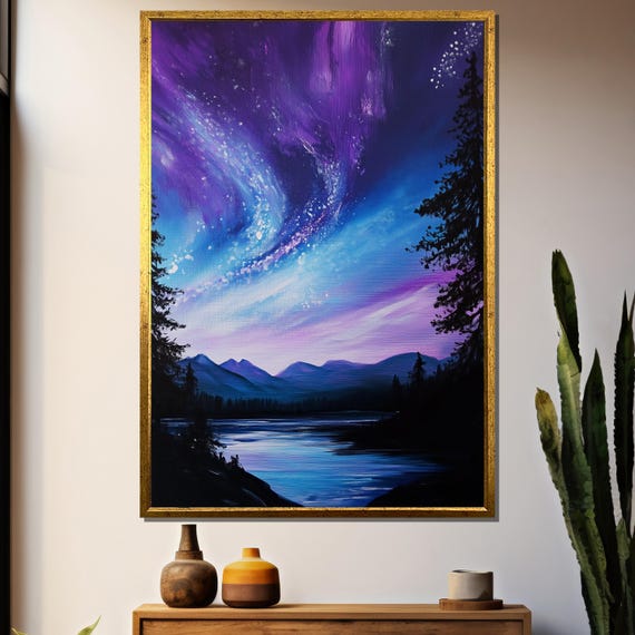 Aurora Borealis Over Mountains And Lake, Night Landscape