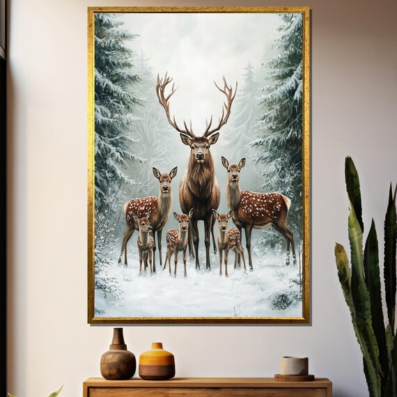 Winter Deer Family, Rustic Wildlife Painting