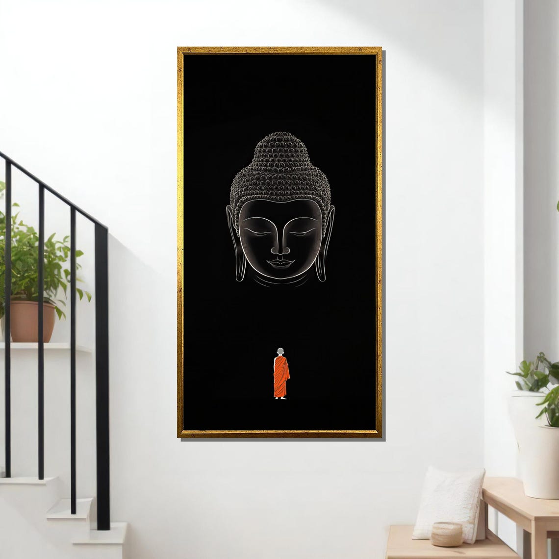 Minimalist Buddha Face And Monk, Buddhist Art