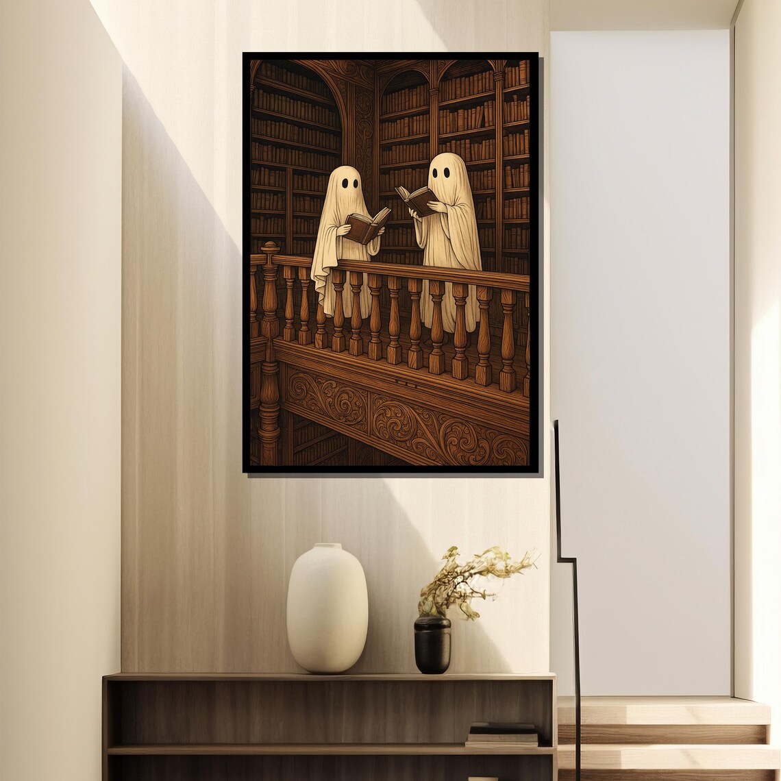 Ghostly Scholars Among Ancient Tomes, Surreal Library Art Print - Image 2