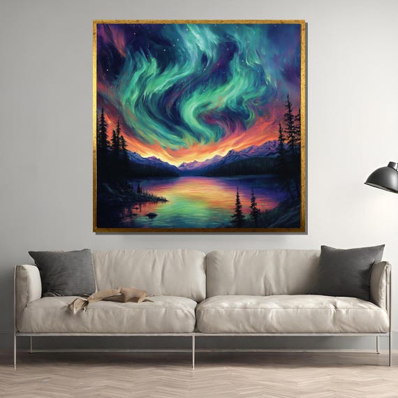 Northern Lights Aurora Borealis Art Print, Mountain Lake