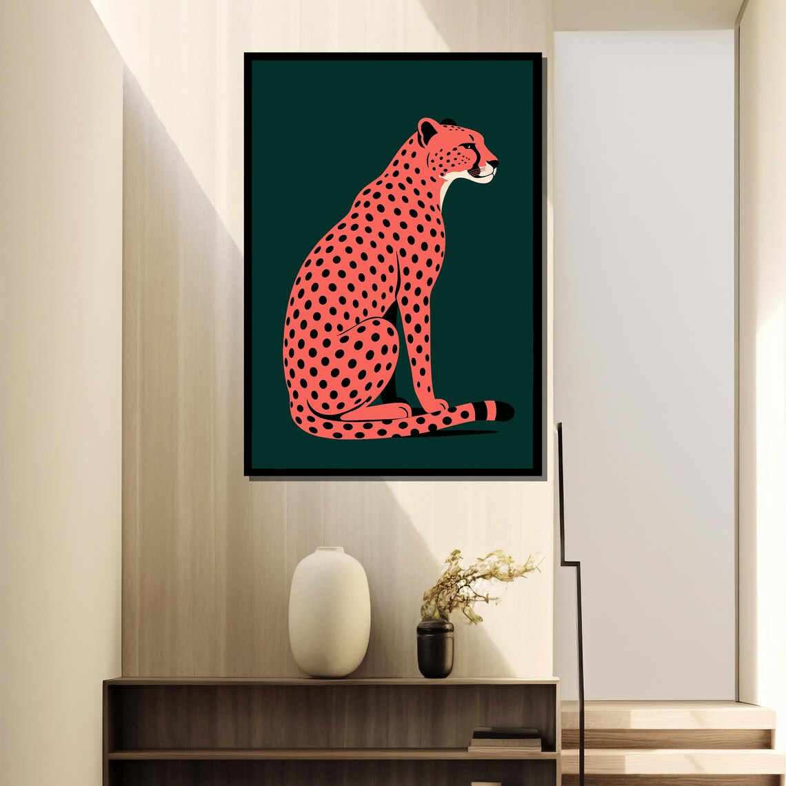 Coral Spotted Cheetah Painting, Minimalist Big Cat - Image 2