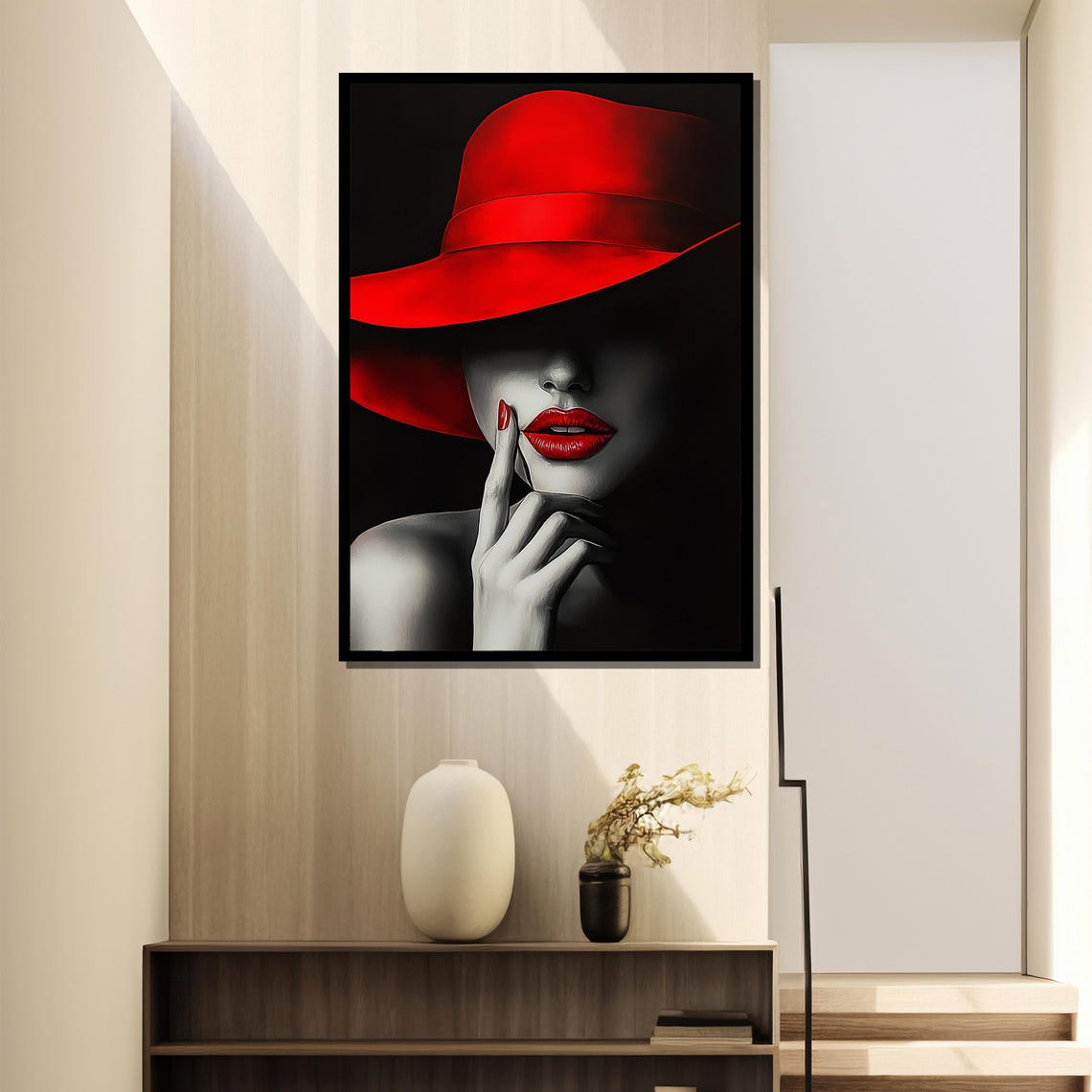Elegant Woman In Red Hat, Fashion Portrait Art Print - Image 2