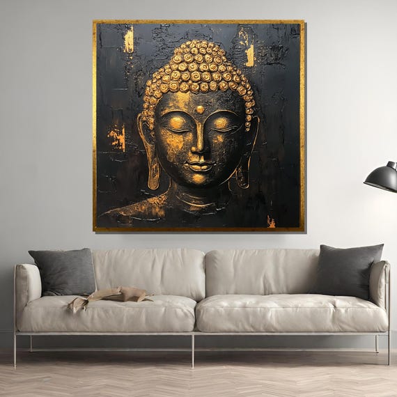 Gold Buddha Face Painting, Zen Abstract Meditation Decor