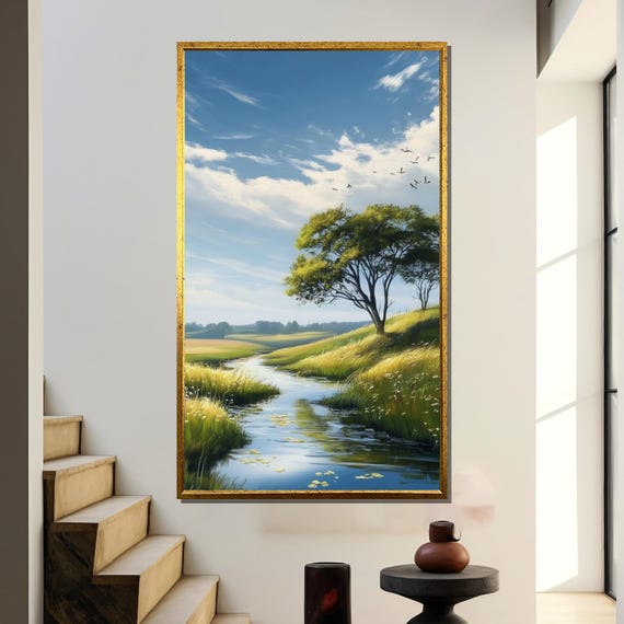 Realistic Countryside Landscape, Serene River and Fields