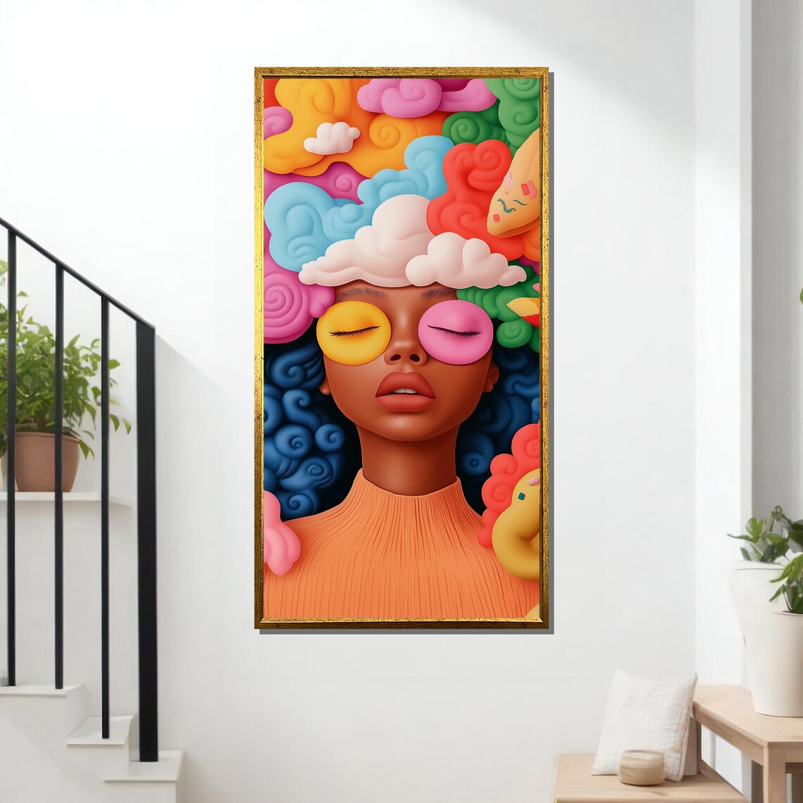 Dreamy Colorful Woman Portrait, Maximalist Surreal Art