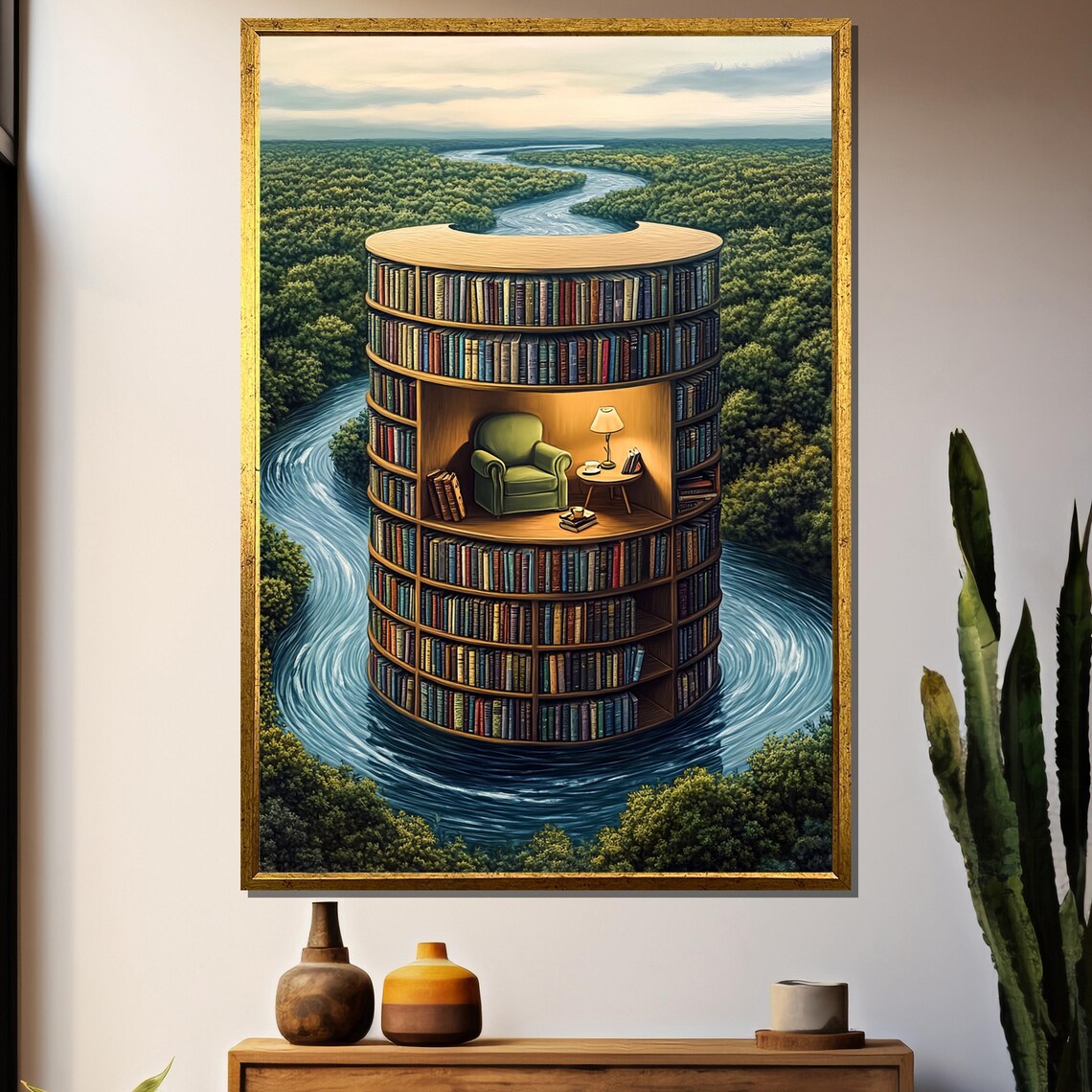 Surreal Library Tower In River Landscape, Art Print