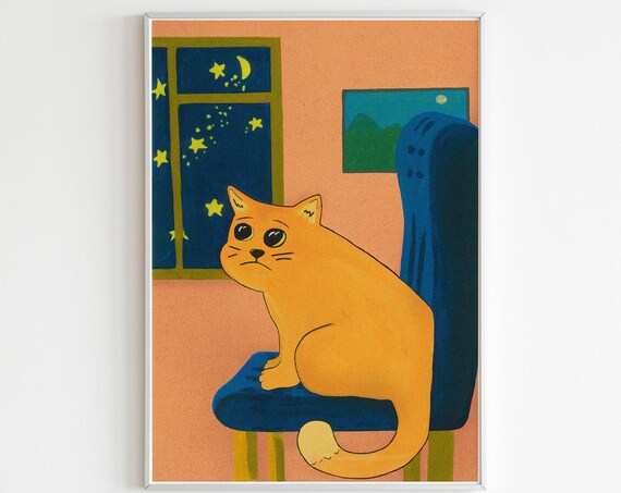 Orange Cat Night Window Stars Cozy Blue Chair Dopamine Poster