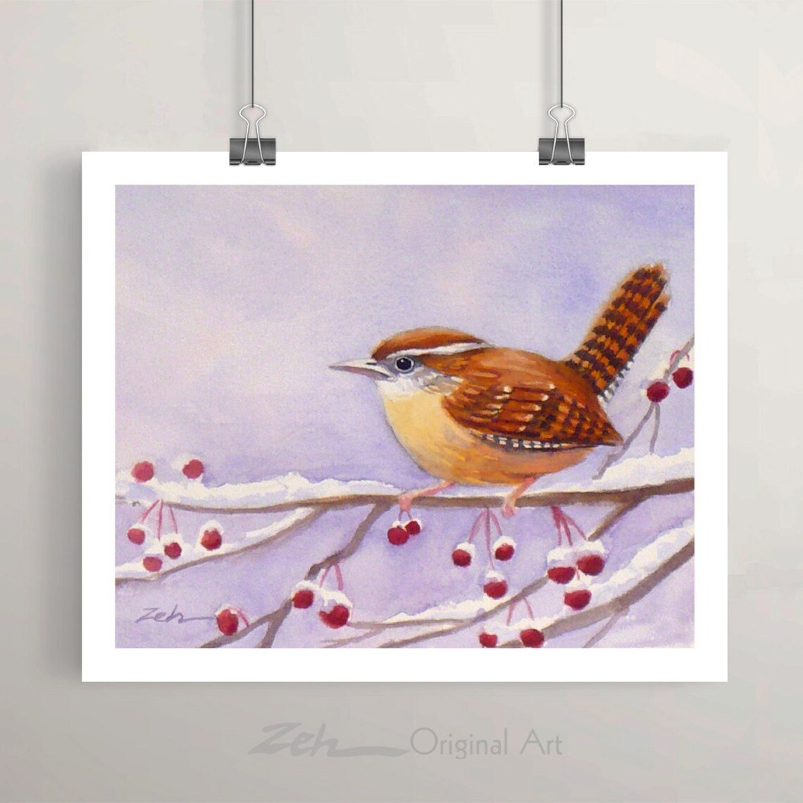 Wren On Snowy Branch Red Berries Winter Watercolor Bird Art Poster