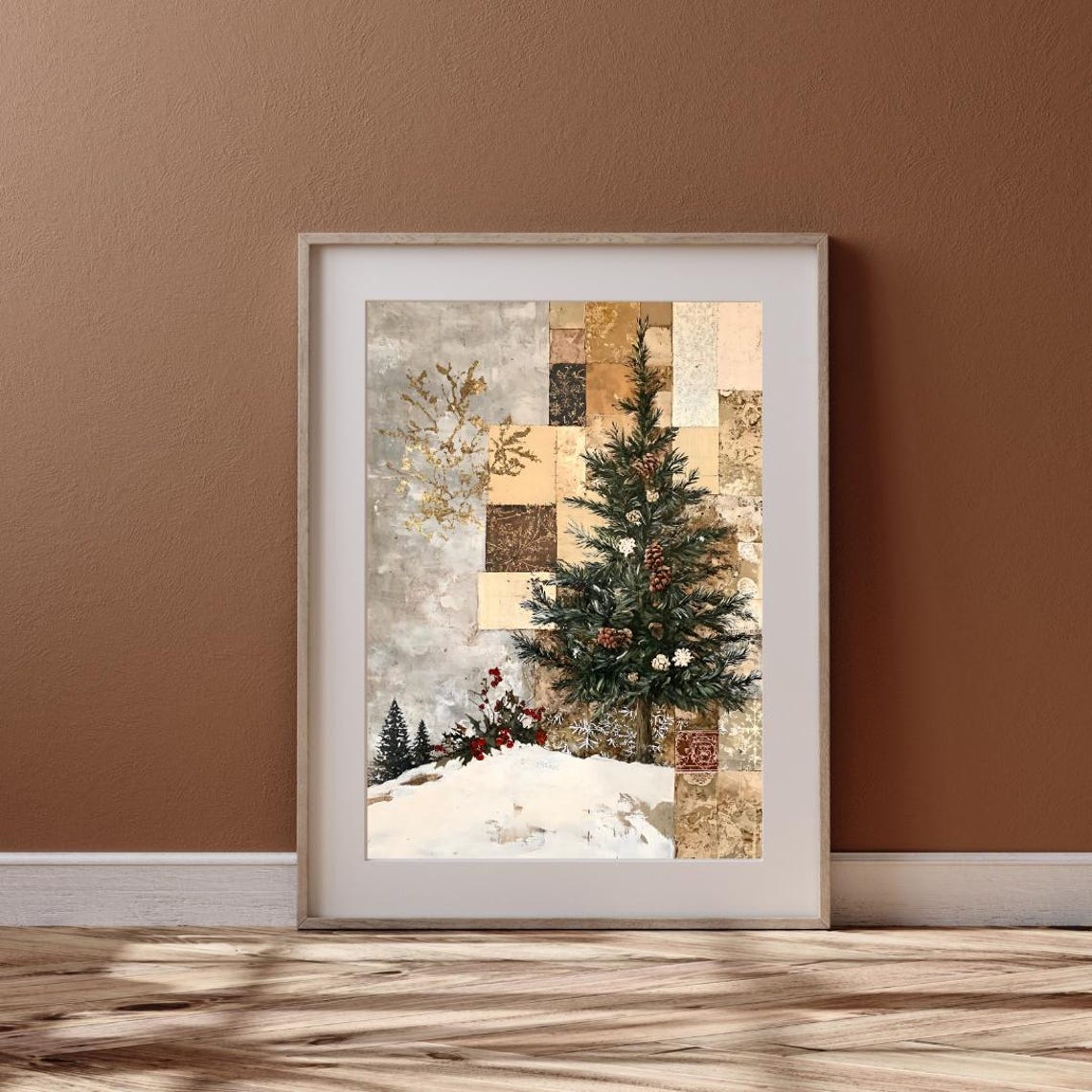 Christmas Tree With Pinecones And Holly Berries Winter Art Print - Image 4