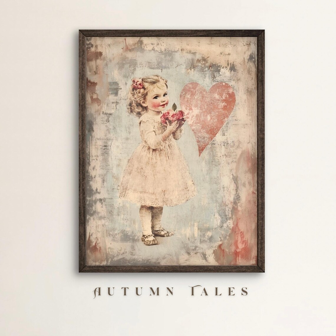 Sweet Little Girl Flowers Red Heart Vintage Valentines Day Poster