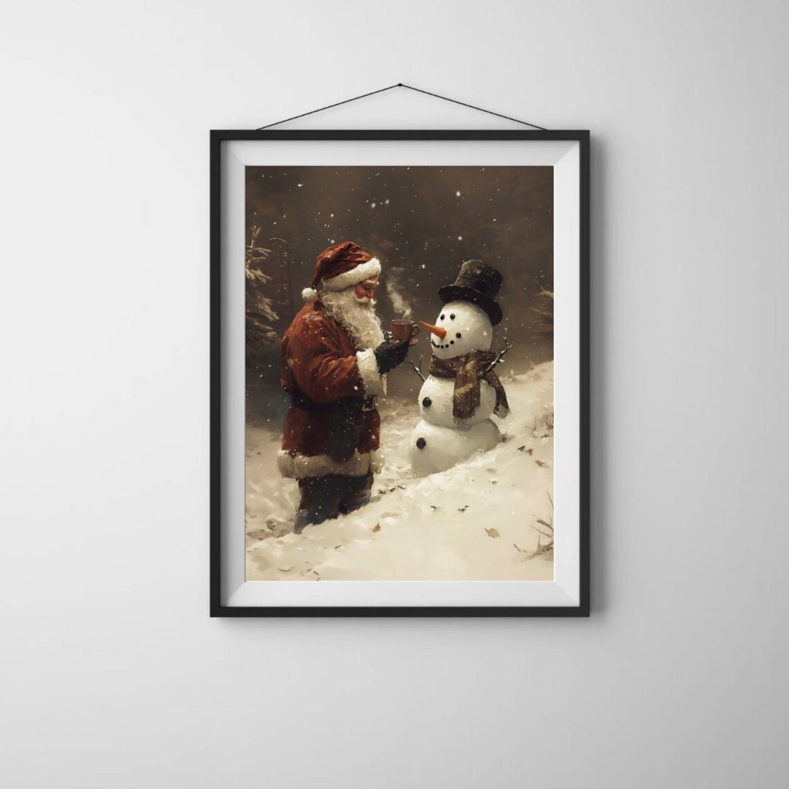 Cozy Christmas Santa and Snowman Vintage Holiday Art Print - Image 5