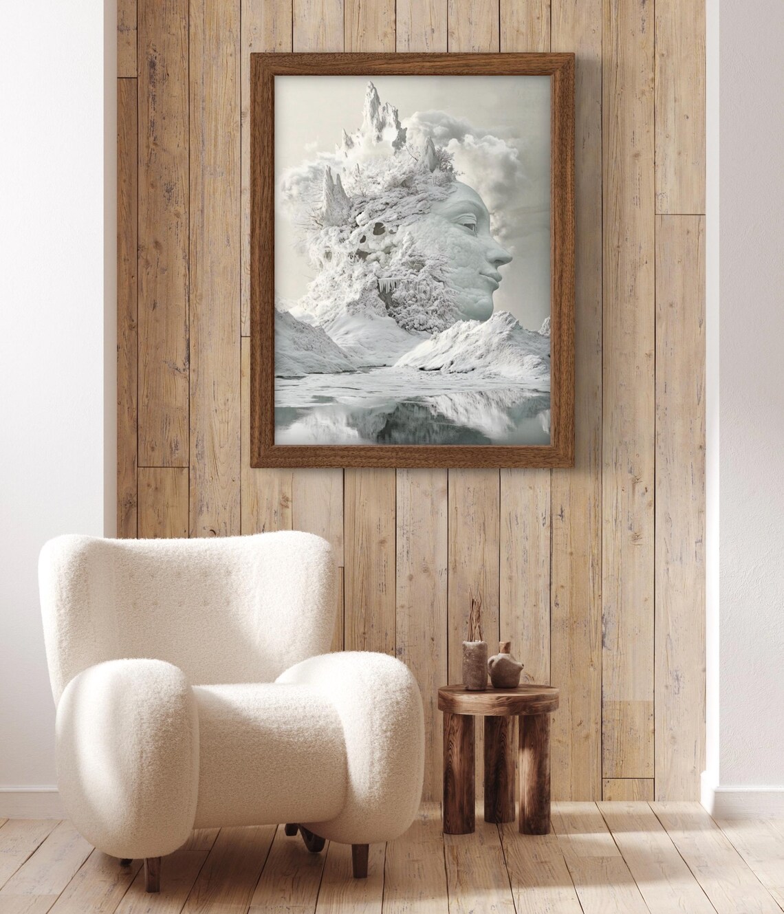 Surrealist Winter Dreamscape Mother Earth Face Emerging From Snowy Mountains Print - Image 2