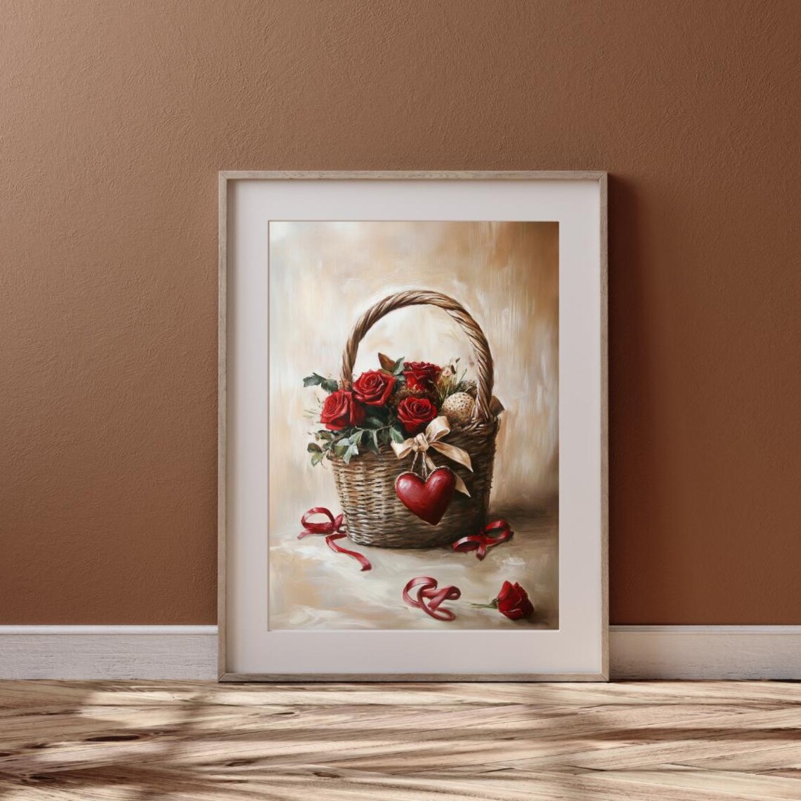 Red Roses Wicker Basket Red Heart Valentines Bouquet Art Poster - Image 6