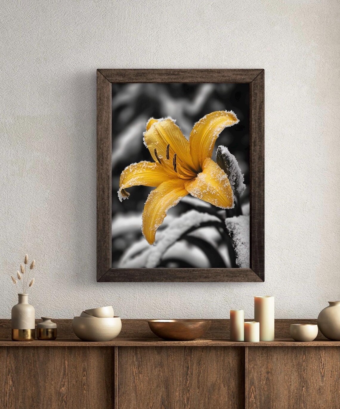 Yellow Lily Dust Frost In Monochrome Snowy Forest Black White Photo Poster - Image 5