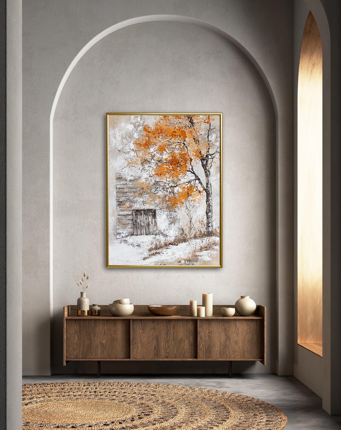 Autumn Tales Old Wooden Shed Birch Trees Snowy Vintage Farm Scene Poster - Image 2