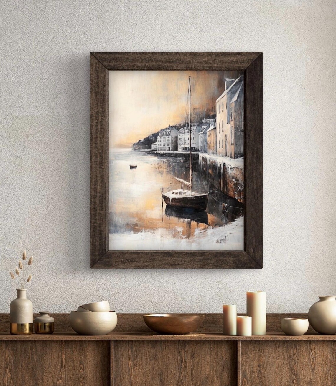 Snowy Harbor Town at Dusk with Sailboat Moody Coastal Winter Wall Art Poster - Image 5