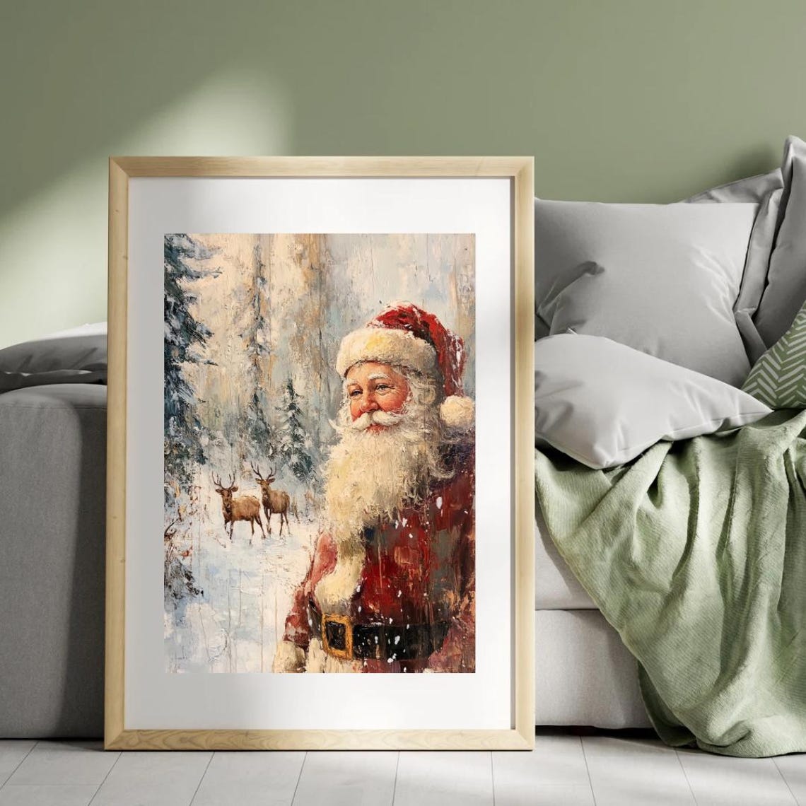 Vintage Santa Claus Snowy Winter Forest Reindeer Painting Poster - Image 2