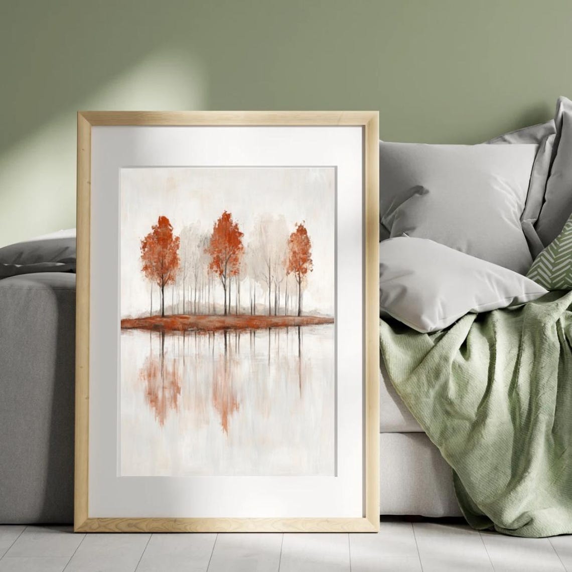Rustic Orange Trees Lake Reflection Minimalist Autumn Landscape Poster - Image 4