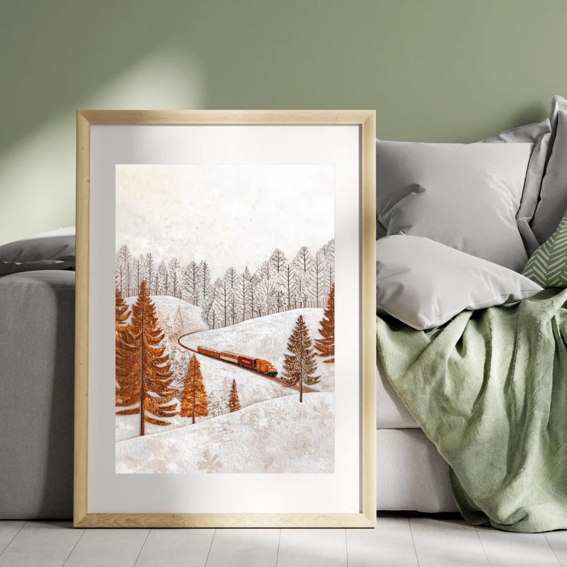 Textured Winter Train Snowy Forest Folk Art Christmas Decor Poster - Image 4