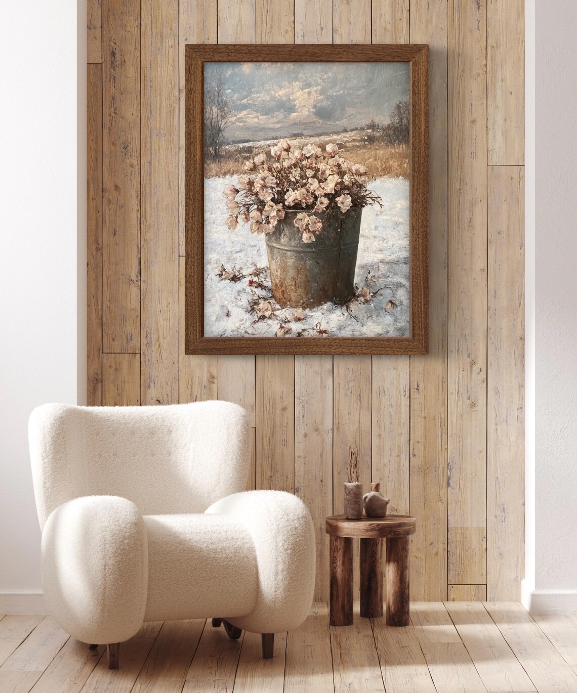 Pink Wildflowers in Rustic Bucket on Snowy Field Vintage Floral Wall Art Poster - Image 2