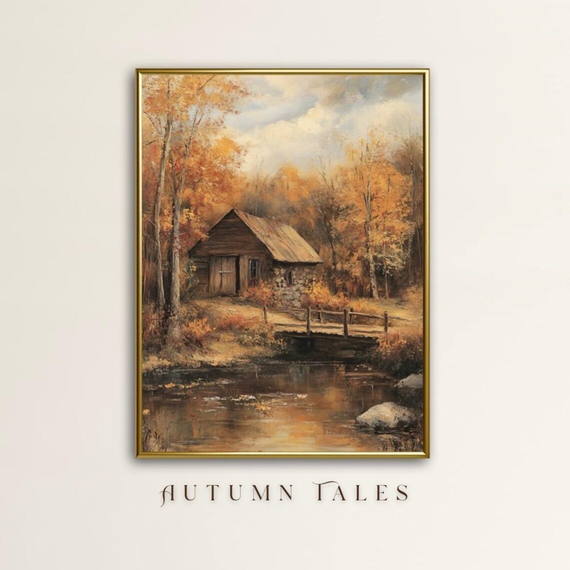 Rustic Wooden Cabin by Creek in Golden Autumn Forest Fall Scene Wall Art