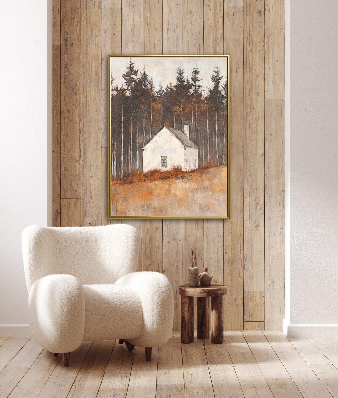 Autumn Tales White Cottage Pine Forest Moody Vintage Farmhouse Art Print - Image 2
